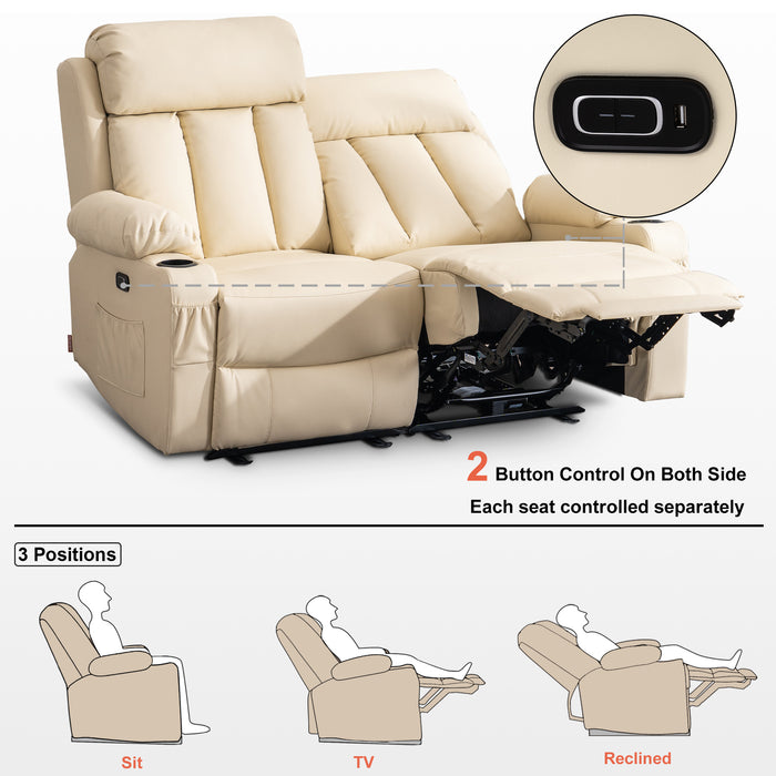 Mcombo Leather Power Loveseat Recliner, Electric Reclining Loveseat Sofa with Heat and Massage, Cup Holders, USB Charge Port for Living Room 6075/ 6095(with Console)