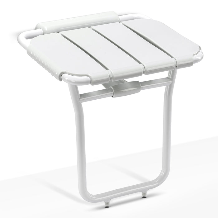 Mcombo Wall Mounted Shower Seat with Support Leg for Small Space Inside Shower, Foldable Shower Chair Bench for Elderly and Disabled, Rust Proof, 280lbs Weight Capacity (White)