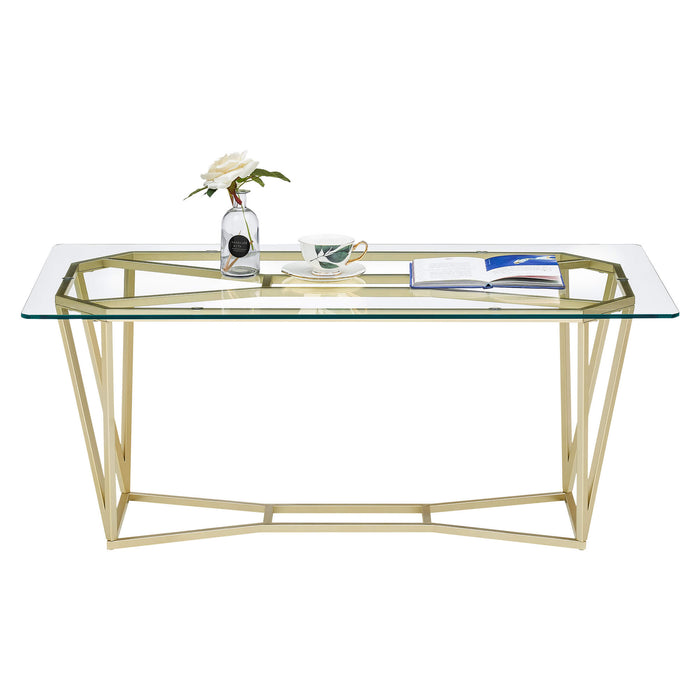 Mcombo Gold Glass Coffee Table for Living Room, 43.3 inch Modern Rectangle Cocktail Table with Gold Finish Tea Table Entertainment Center 6090-COFF-57GS