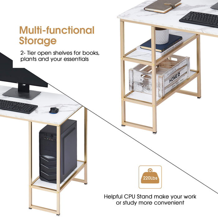 Mcombo Computer Desk Office Desk with 3-Tier Shelves, White Desk for Small Space, Gaming Desk with CPU Stand 6090-DP-114RBL/140MBL/140VIN