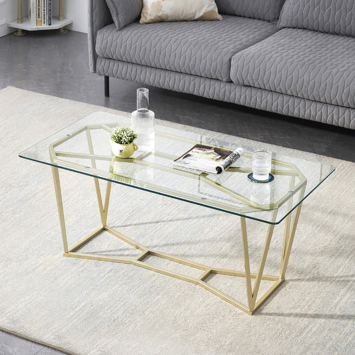 Mcombo Gold Glass Coffee Table for Living Room, 43.3 inch Modern Rectangle Cocktail Table with Gold Finish Tea Table Entertainment Center 6090-COFF-57GS