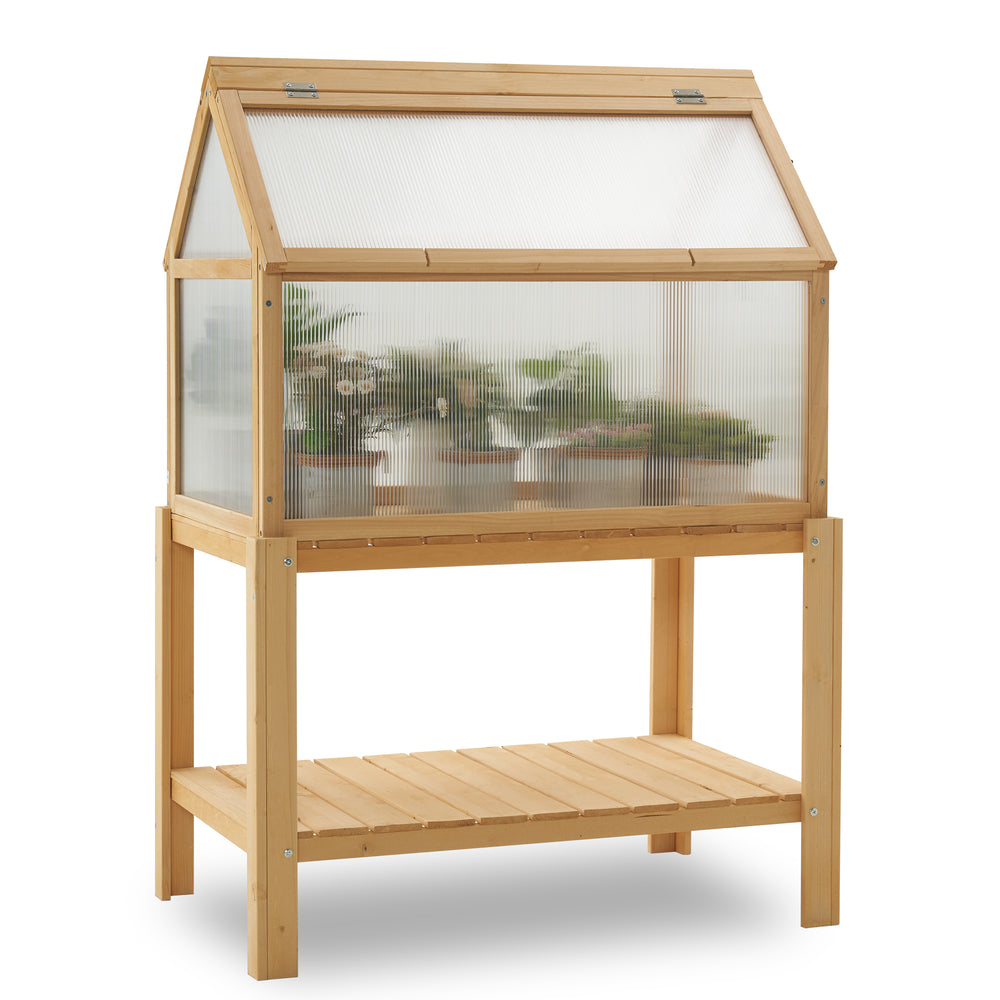 Mcombo Cold Frame Greenhouse, Portable Wooden Greenhouse Raised Potted Plant Protection Box with Shelf for Outdoor Indoor Use, 0266