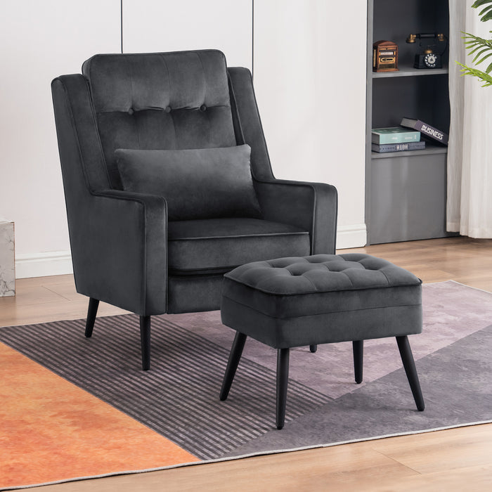 Mcombo Modern Accent Club Chair with Ottoman, Velvet Upholstered with Black Metal Legs, Armchair with Lumbar Pillow for Living Room 4278