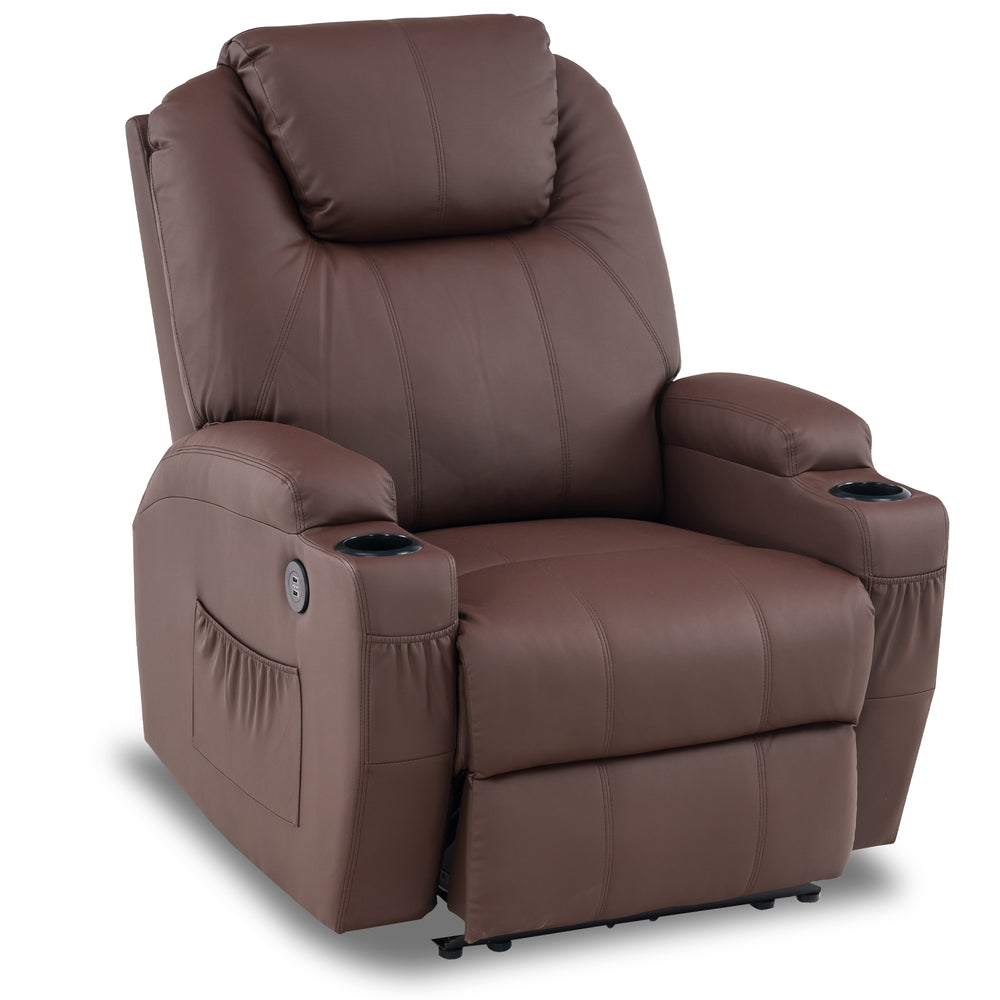 Mcombo Electric Power Recliner Chair with Massage and Heat, 2 Positions, USB Charge Ports, 2 Side Pockets and Cup Holders, Faux Leather 7050