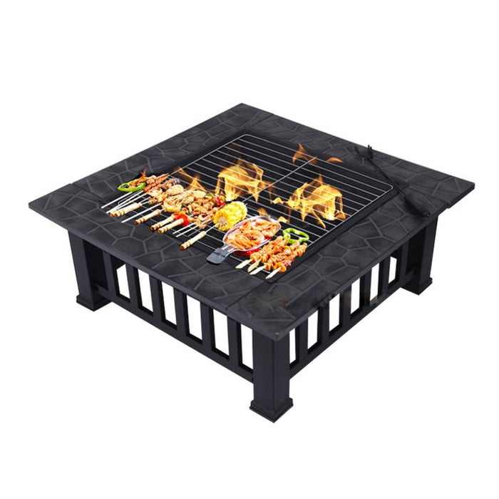 Mcombo 32" Metal Fire Pit Square Table Backyard Patio Terrace Fire Bowl Heater/BBQ/Ice Pit with Charcoal Rack Waterproof Cover 0039, Black