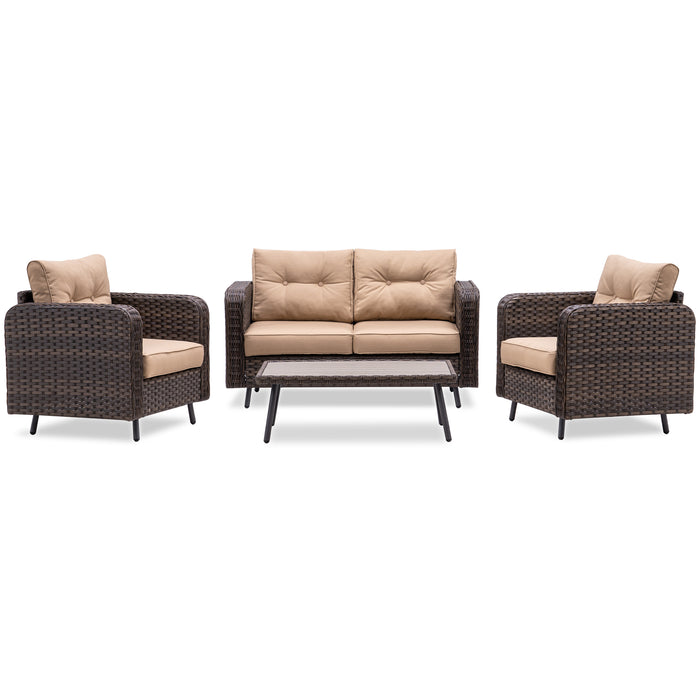 MCombo 4 Piece Outdoor Patio Furniture Sets, Brown Wicker Patio Conversation Set with Cushions and Coffee Table, Rattan Patio Furniture Sofa Set for Garden,Porch and Deck 6082-9541BR