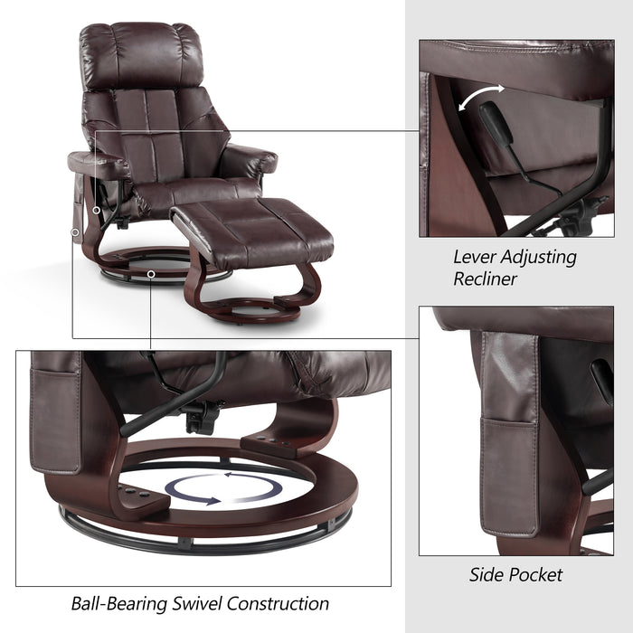 Mcombo Recliner with Ottoman Reclining Chair with Massage and Lumbar Pillow, 360 Degree Swivel Wood Base, Faux Leather 9068