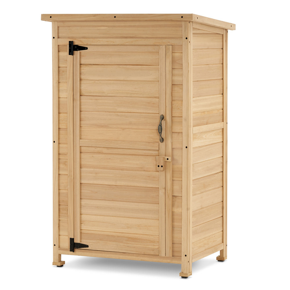 Mcombo Small Outdoor Wood Storage Cabinet, Little Garden Wooden Tool Shed with Latch, Outside Waterproof Tool Cabinet 0701