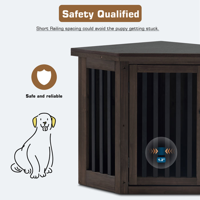 Mcombo Furniture Corner Dog Crate, End Table Dog Kennel with Door, Wooden Dog House, Pet Crate Indoor Use
