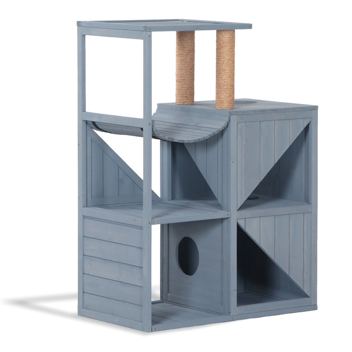 Mcombo Wooden Cat House for Indoor Cats, Solid Wood Cat Condo with Scratching Columns 6012-0505