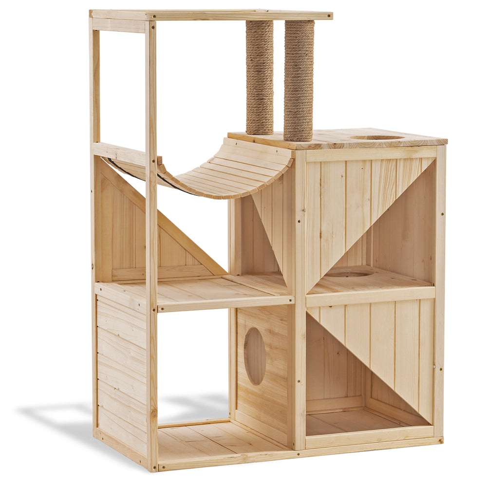 Mcombo Wooden Cat House for Indoor Cats, Solid Wood Cat Condo with Scratching Columns 6012-0505