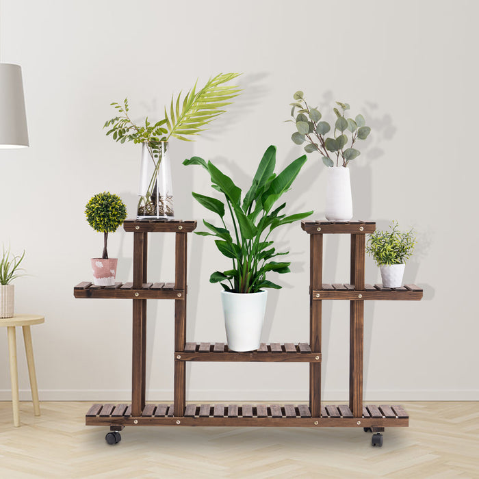MCombo Wood Plant Stand with Wheels, Plant Display Shelf Flower Rack Holder for Indoor Outdoor Garden Balcony Living Room and Office (6 Wood Shelves 12 Pots), 6059-0442
