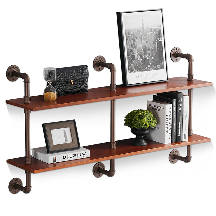 MCombo Industrial Pipe Shelves 2-Tier Wall Mounted Solid Wood Shelf Rustic 47“ Long Wall Shelf Vintage Hanging Bookshelf Floating Pipe Bookcases Storage for Living Room, Bathroom, Kitchen ,6090-Medoc-M2, 6090-Snail-S2L
