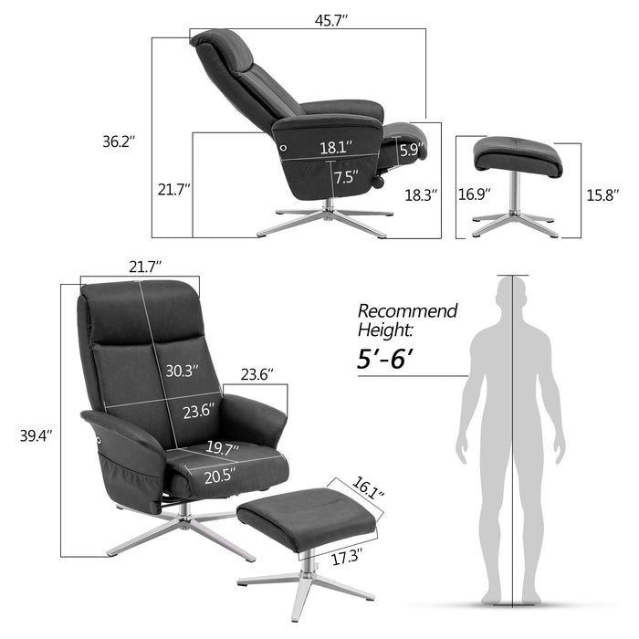 Mcombo Swivel Recliner with Ottoman, Modern Armchair with Heavy Duty Aluminum Base, Faux Leather Lounge Chair for Living Room Bedroom Office, 4603