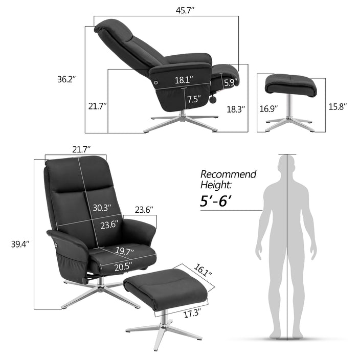 Mcombo Swivel Recliner with Ottoman, Modern Armchair with Heavy Duty Aluminum Base, Faux Leather Lounge Chair for Living Room Bedroom Office, 4603