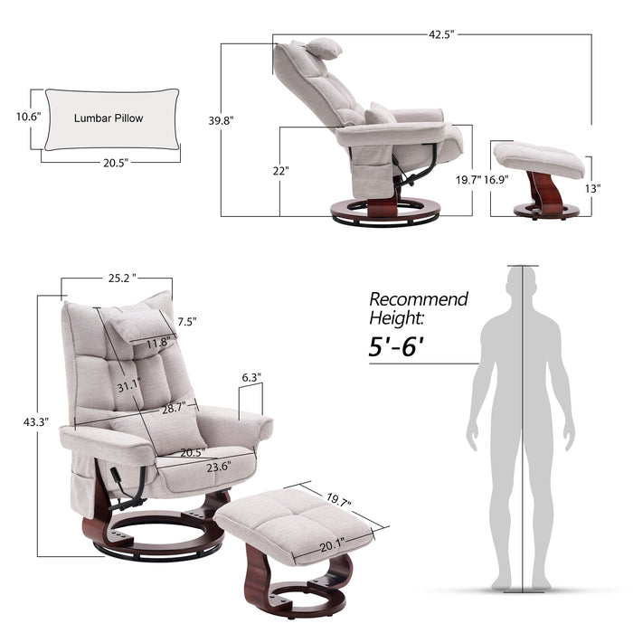 MCombo Swivel Recliner with Ottoman, Massage TV Chairs with Neck Pillow and Side Pocket for Living Reading Room, Chenille Fabric 4188