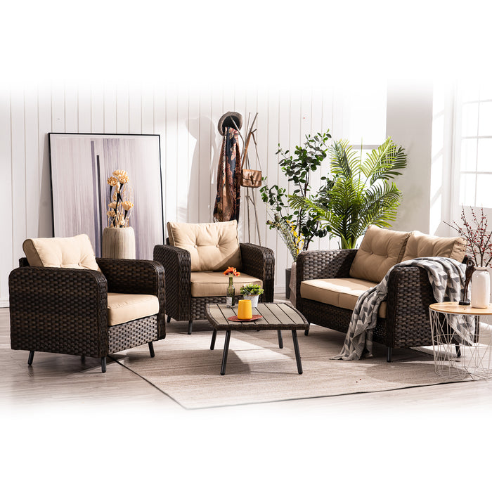 MCombo 4 Piece Outdoor Patio Furniture Sets, Brown Wicker Patio Conversation Set with Cushions and Coffee Table, Rattan Patio Furniture Sofa Set for Garden,Porch and Deck 6082-9541BR