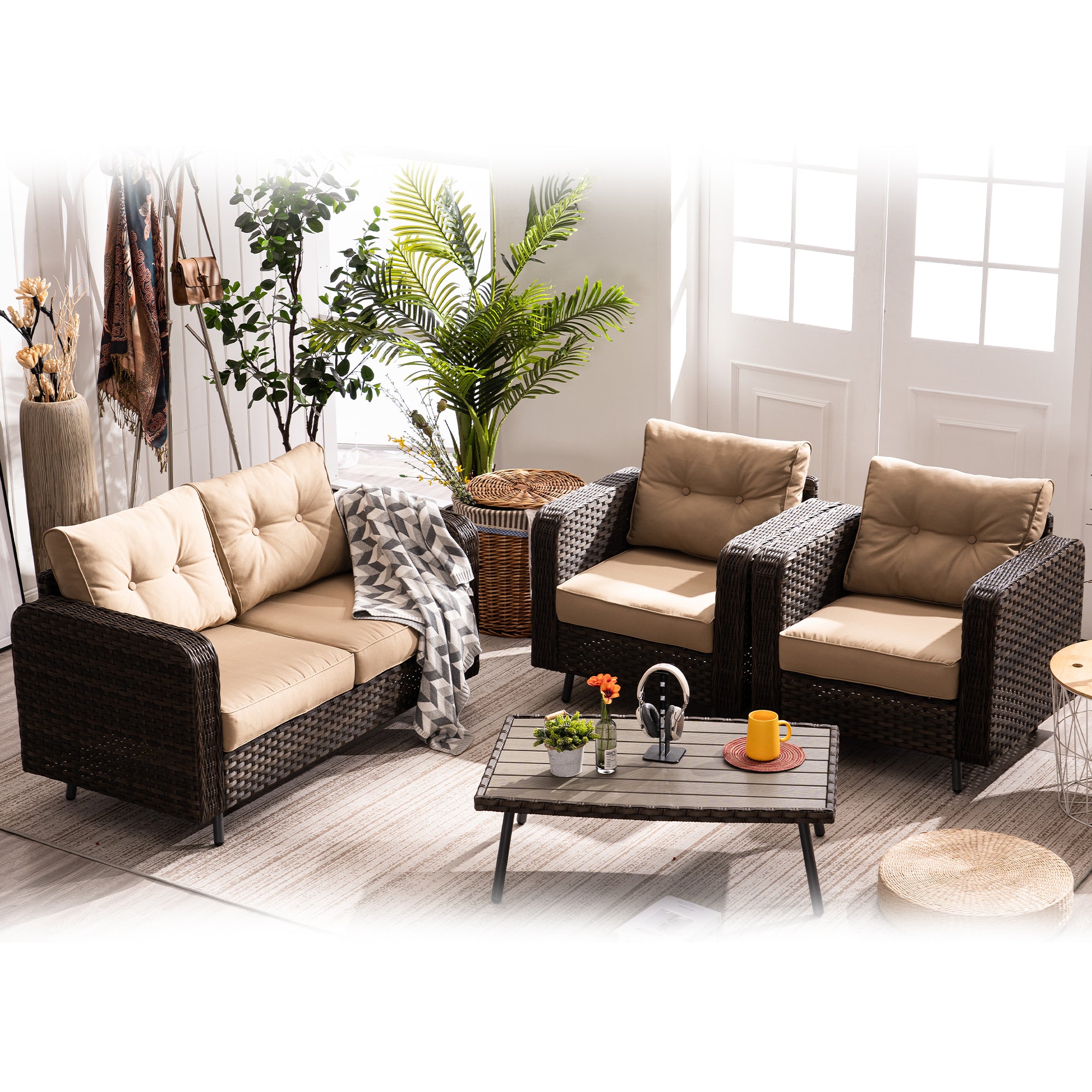 4 Pieces Patio Furniture Sets, Brown Wicker Patio Set and Table, 9541