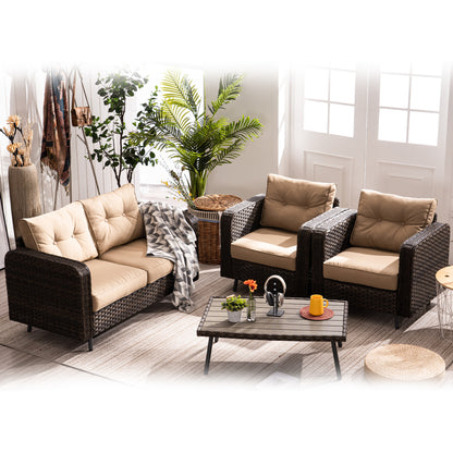 4 Pieces Patio Furniture Sets, Brown Wicker Patio Set and Table, 9541