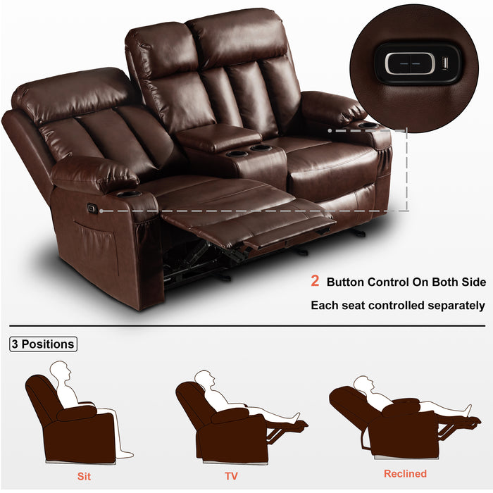 Mcombo Leather Power Loveseat Recliner, Electric Reclining Loveseat Sofa with Heat and Massage, Cup Holders, USB Charge Port for Living Room 6075/ 6095(with Console)