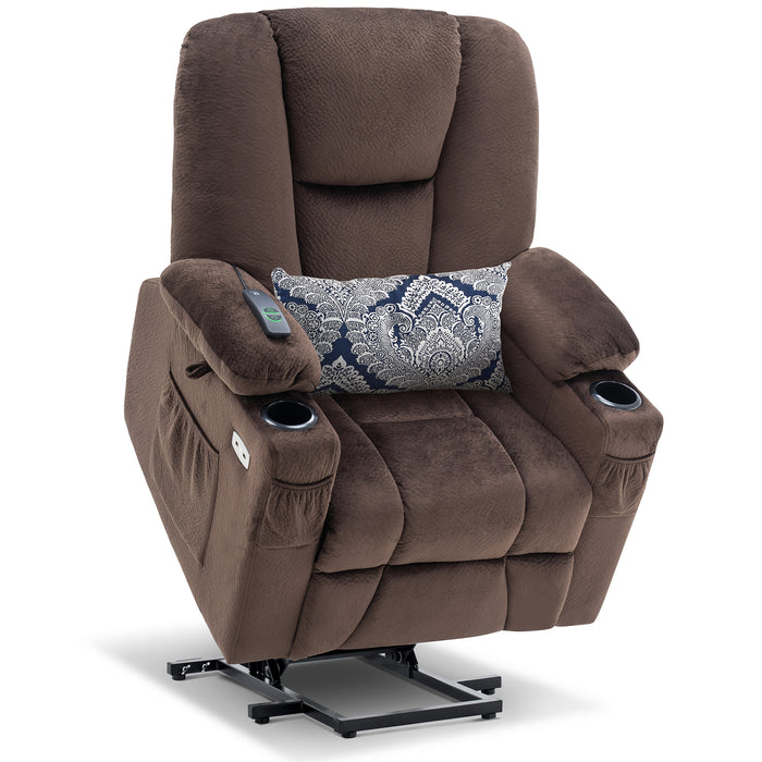 MCombo Electric Power Lift Recliner Chair with Extended Footrest for Elderly People, 3 Positions, Hand Remote Control, Lumbar Pillow, 2 Cup Holders, USB Ports, 2 Side Pockets, Fabric 7507