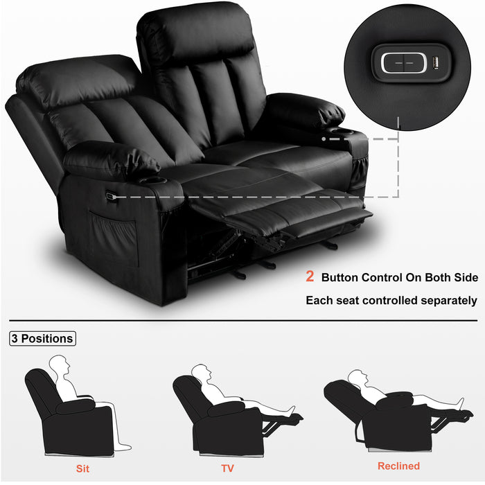 Mcombo Leather Power Loveseat Recliner, Electric Reclining Loveseat Sofa with Heat and Massage, Cup Holders, USB Charge Port for Living Room 6075/ 6095(with Console)