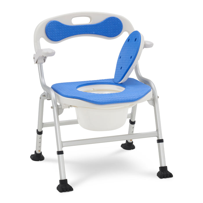 Mcombo Folding Shower Chair for Travel, Shower Chair No Assembly with Unique Anti-Slip Foot, Bedside Shower Commode Chair with Drop Arm and Backrest for Seniors, Disabled, Lightweight Portable