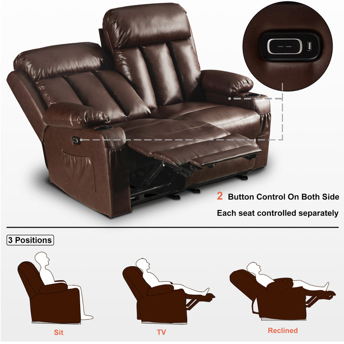 Mcombo Leather Power Loveseat Recliner, Electric Reclining Loveseat Sofa with Heat and Massage, Cup Holders, USB Charge Port for Living Room 6075/ 6095(with Console)