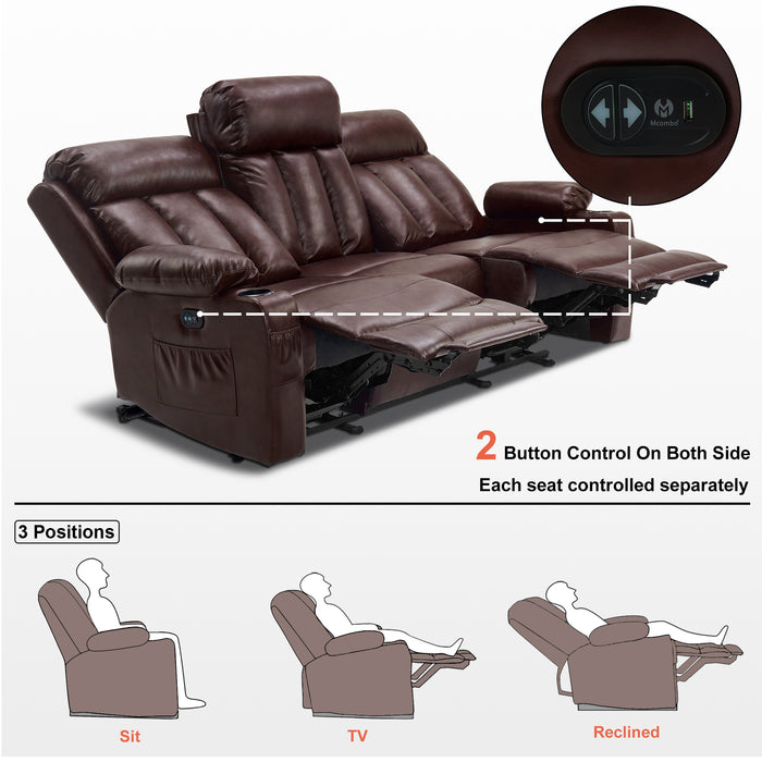 Mcombo Leather Power Loveseat Recliner, Electric Reclining Loveseat Sofa with Heat and Massage, Cup Holders, USB Charge Port for Living Room 6075/ 6095(with Console)