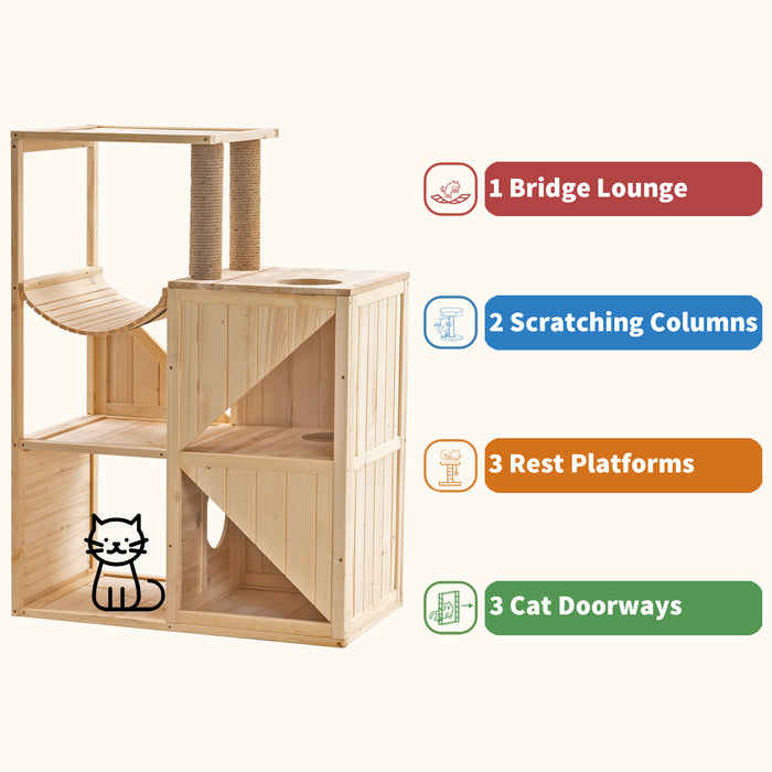 Mcombo Wooden Cat House for Indoor Cats, Solid Wood Cat Condo with Scratching Columns 6012-0505