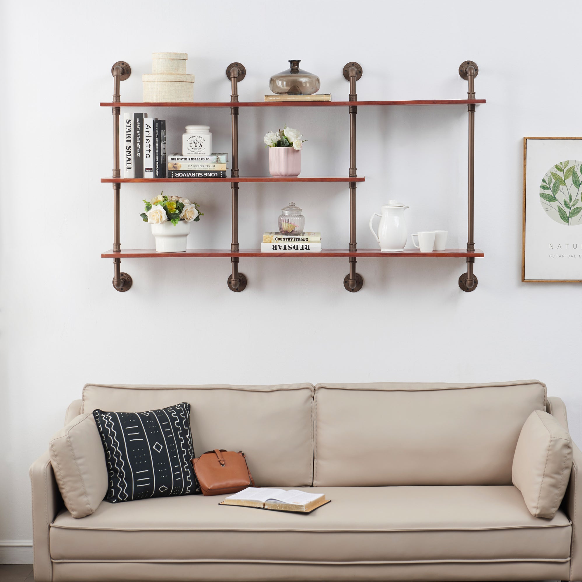 Industrial Pipe Shelving Wall Mounted, 63in Rustic Metal Floati