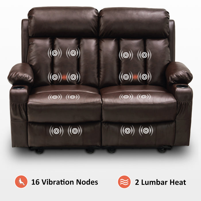 Mcombo Leather Power Loveseat Recliner, Electric Reclining Loveseat Sofa with Heat and Massage, Cup Holders, USB Charge Port for Living Room 6075/ 6095(with Console)