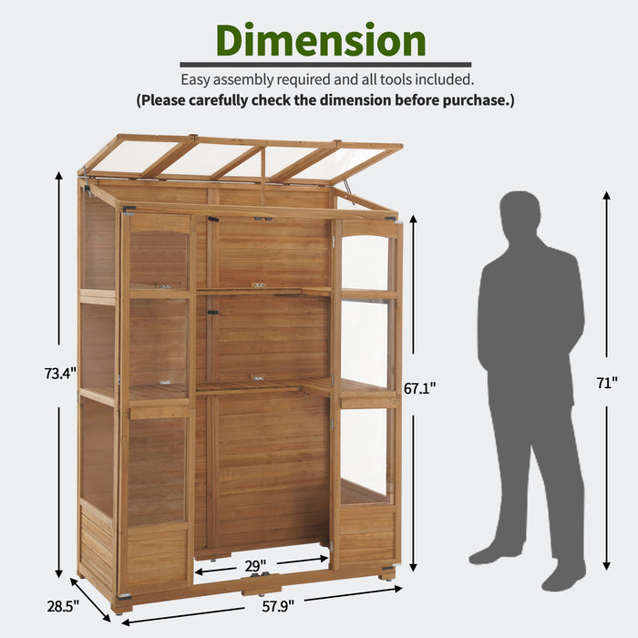 Mcombo Wooden Greenhouse, Walk-in Outdoor Greenhouse with Openable Roof and Lockable Door, 0899