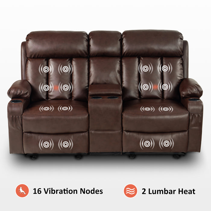 Mcombo Leather Power Loveseat Recliner, Electric Reclining Loveseat Sofa with Heat and Massage, Cup Holders, USB Charge Port for Living Room 6075/ 6095(with Console)