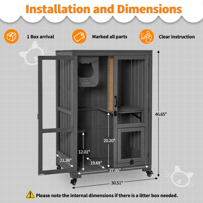 Mcombo Luxury Cat House with Scratching Post, Wooden Large Cat Villa with Wheels, Multi-Feature Cat Condo with Escape Door, Cat Cages Enclosures with Shelter Indoor/Outdoor CT83
