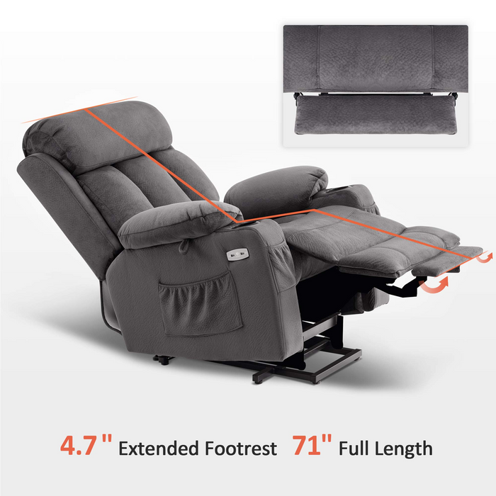 MCombo Large Electric Power Lift Recliner Chair with Extended Footrest for Big and Tall Elderly People, Hand Remote Control, Cup Holders, USB Ports, Textile 7426