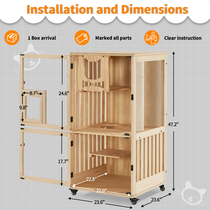 MCombo Luxury Wooden Cat House with Scratching Post, Wood Cat Enclosures Indoor with Wheels, Multi-Feature Cat Cage Villa with Escape Door, Enclosed Cat Condo for Cats Kittens CT15