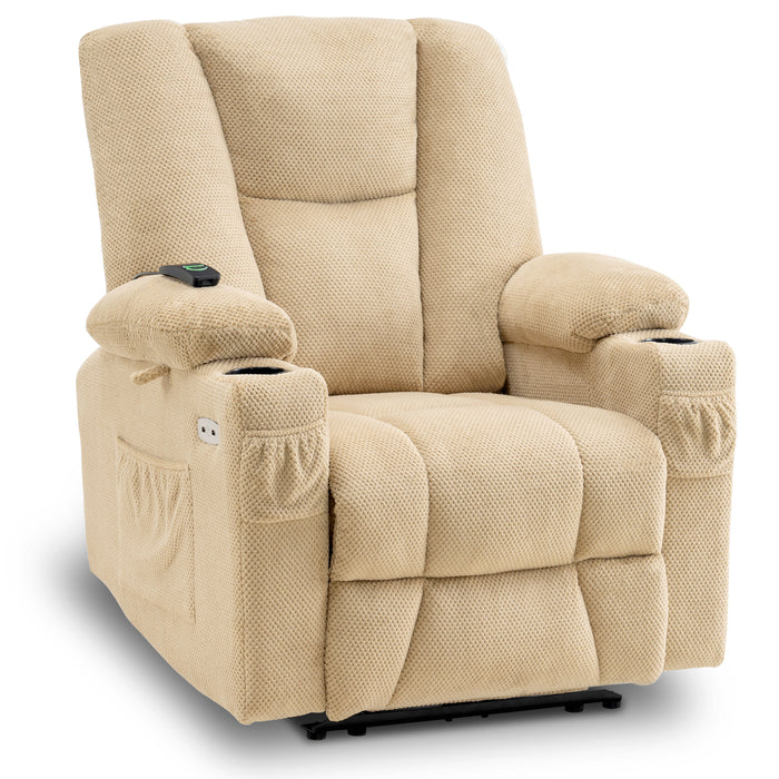 Mcombo Electric Power Recliner Chair with Massage & Heat, Extended Footrest, USB Ports, 2 Side Pockets, Cup Holders, Plush Fabric 8015