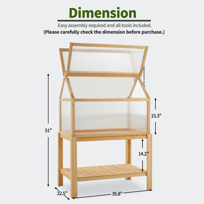 Mcombo Cold Frame Greenhouse, Portable Wooden Greenhouse Raised Potted Plant Protection Box with Shelf for Outdoor Indoor Use, 0266