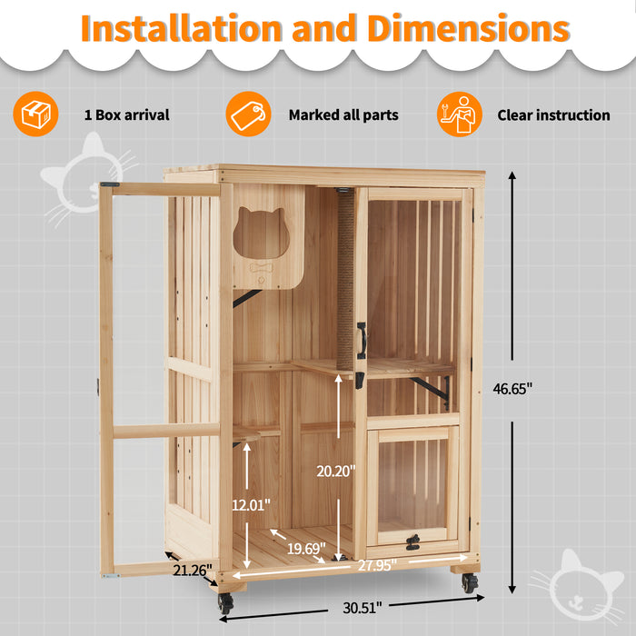 Mcombo Luxury Cat House with Scratching Post, Wooden Large Cat Villa with Wheels, Multi-Feature Cat Condo with Escape Door, Cat Cages Enclosures with Shelter Indoor/Outdoor CT83