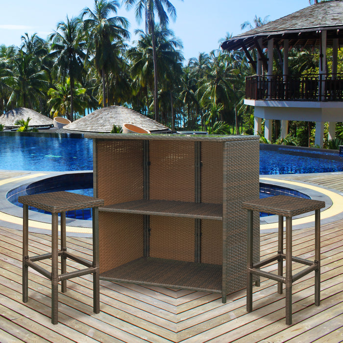 MCombo Patio Bar Set,Wicker Outdoor Table and 2 Stools,3 Piece Patio Furniture with Storage for Poolside,Backyard,Garden,Porches 6085-1201
