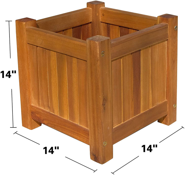 Mcombo Acacia Wood Planter Box Rustic 13.7”x13.7” Square Herb Vegetable Pot for Window ,Outdoor,Garden, Patio, and Porch 6083-HP01-WD