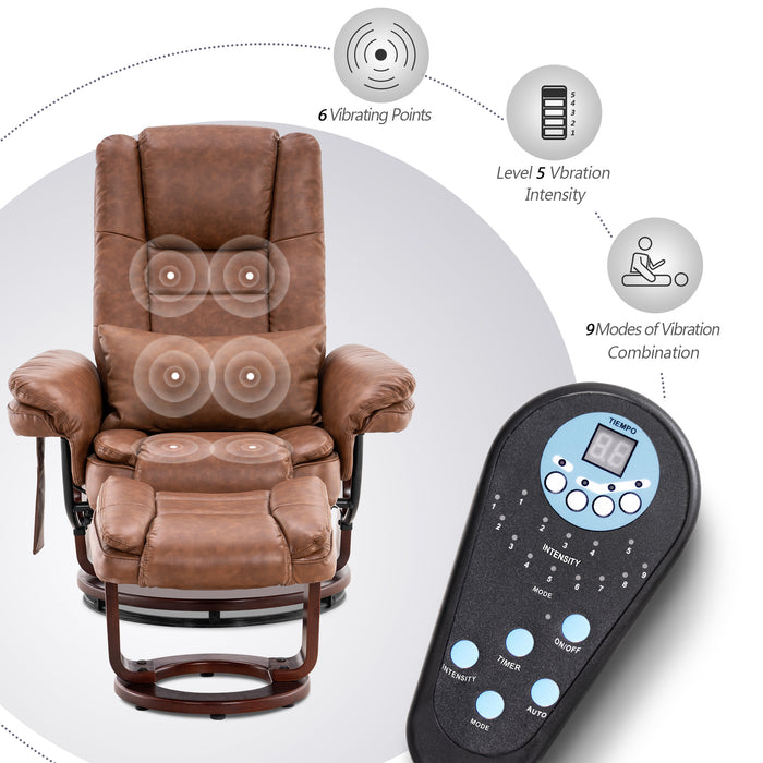 MCombo Recliner with Ottoman Chair Accent Recliner Chair with Vibration Massage, 360 Degree Swivel Wood Base, Faux Leather 9096