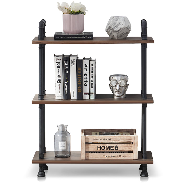 Mcombo Industrial Bookshelf Wood & Metal Bookcase, Rustic Plant Shelf Storage Rack Vintage Kitchen Shelves, Wide Modern Open Display Shelf Heavy Duty Pipe Book Cases Farmhouse Etagere BS505/404/303BLK