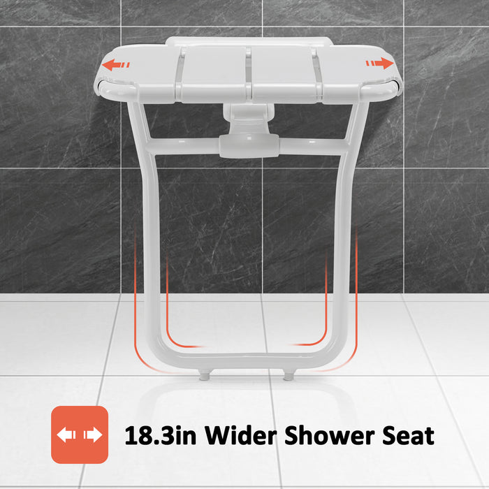 Mcombo Wall Mounted Shower Seat with Support Leg for Small Space Inside Shower, Foldable Shower Chair Bench for Elderly and Disabled, Rust Proof, 280lbs Weight Capacity (White)