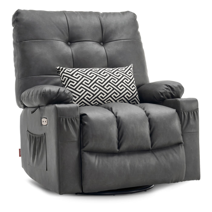 Mcombo Large Electric Power Swivel Glider Rocker Recliner Chair with Massage and Heat, USB Ports, Remote, USB Ports, 2 Side & Pockets, Faux Leather 7748