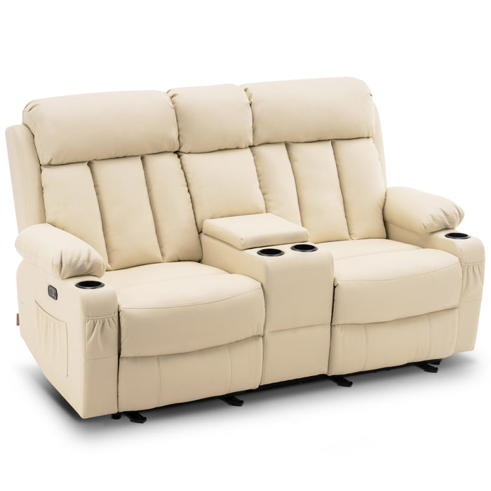 Mcombo Leather Power Loveseat Recliner, Electric Reclining Loveseat Sofa with Heat and Massage, Cup Holders, USB Charge Port for Living Room 6075/ 6095(with Console)