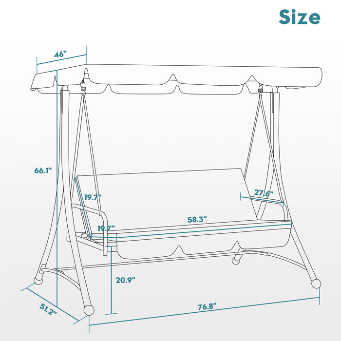 Mcombo 3 Seat Patio Swings with Weather Resistant Steel Frame Adjustable Canopy, Reclining Outdoor Porch Swing with Cushion for Backyard, Porch Lawn, Poolside, Balcony 4089