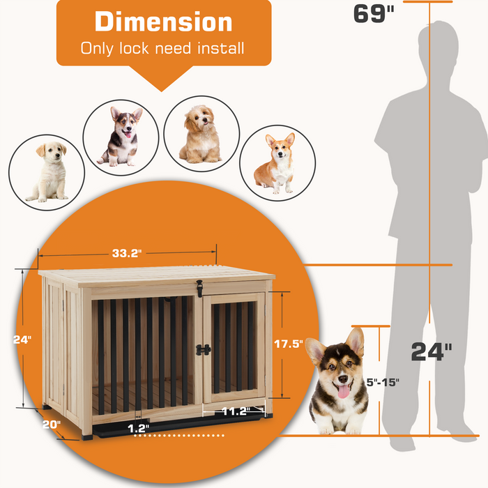 Mcombo Wooden Dog Crate Furniture End Table with Door, No Assembly Portable Foldable Pet Crate Dog Kennel Indoor with Removable Tray