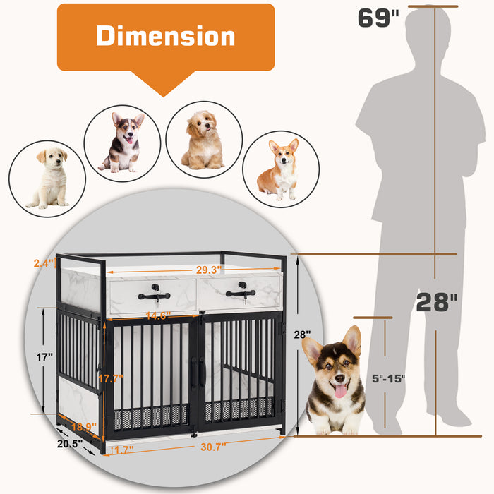 Mcombo Furniture Style Dog Crate, Wooden Dog Crate End Table, Double Doors Dog Kennel with Storage Drawers, 0649